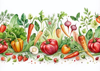 Hand-Painted Watercolor Vegetables Seamless Pattern on White Background for Product Photography, Ideal for Packaging, Branding, and Home Decor