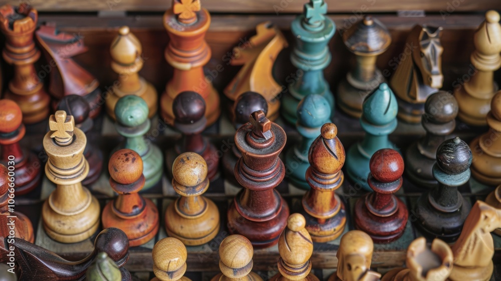 Poster a box filled with chess pieces of different colors and sizes ready to be used in a game.