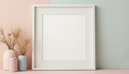 A white frame with a blank canvas sits on a tabletop against a background of pastel pink and blue. Dried flowers and pampas grass are in vases on the table.