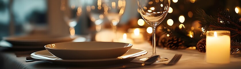 Festive Table Setting with Candlelight and Pine Branches