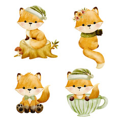 Cute cartoon watercolor forest animal. Hand painted lovely baby foxes illustrations perfect for print and card making vector