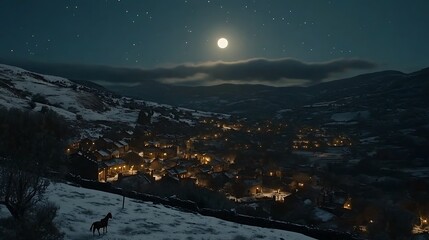 A lone horse stands on a snowy hill overlooking a village illuminated by moonlight and twinkling lights.
