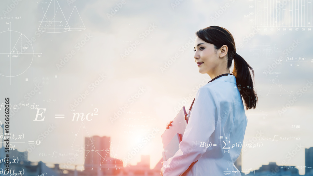 Poster 科学、医療、テクノロジー、医師、学生、学問、理系、女性、日本人、未来、成長、挑戦、チャレンジ、研究、研究者、開発、技術者、エンジニア、コピースペース、バナー、横長、広告、イメージ、白衣、医療従事者、シ