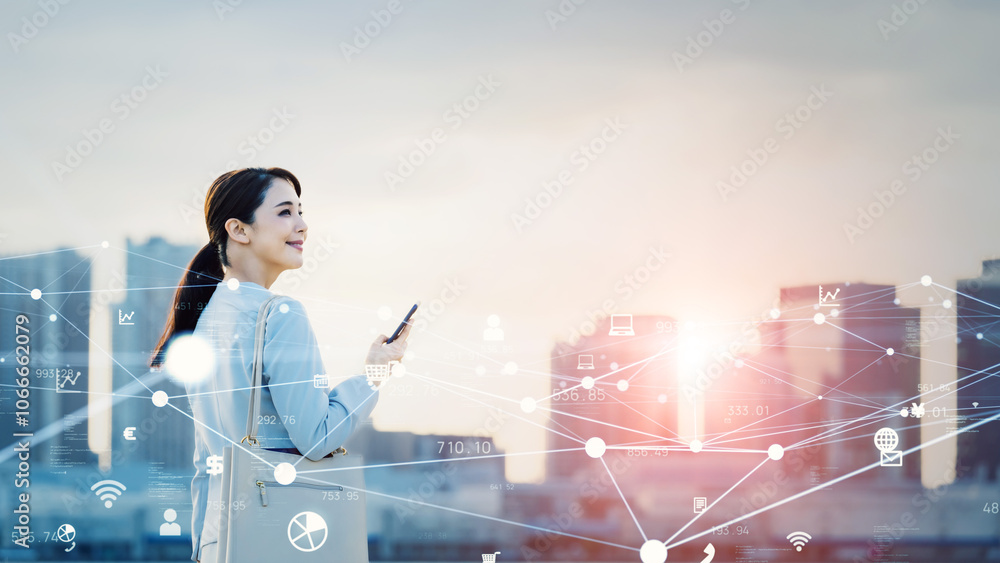 Poster ネットワーク、dx、sns、モバイル、アプリ、通信、iot、社会、都市、スマホ、女性、日本人、コピースペース、バナー、横長、広告、イメージ、電波、回線、ビジネスパーソン、ビジネス、5g、6g、it、i
