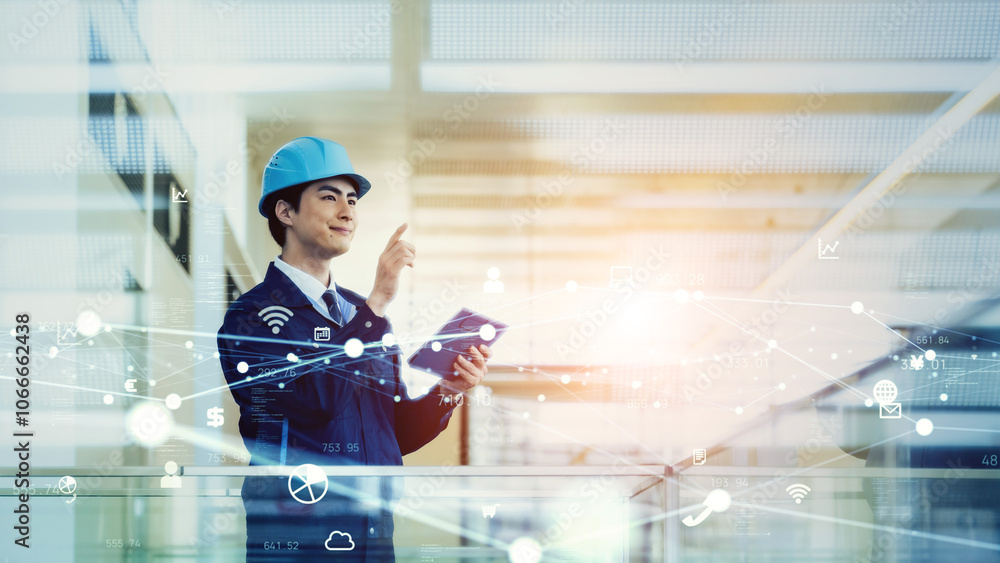 Aufkleber エンジニア、産業、建設、工場、ネットワーク、システム、IoT、DX、未来、点検、メンテナンス、検査、作業員、工業、製造業、ものづくり、テック、物流、倉庫、通信、ワイヤレス、無線、男性、管理、タブレット、クラウド、テクノロジー、技術、デジタルトランスフォーメーション、データ、AI、IIoT、ASP、ERP、API、アプリ、ビジネス、安全、確認、チェック、センサー、検出、検知、セキュリティ、WMS、マ