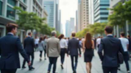 Business street of the metropolis with pedestrians walking against the backdrop of high-rise buildings and an alley, blurred image