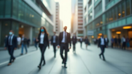 Business people walking on a downtown street, against the backdrop of skyscrapers and a city alley, blurred image