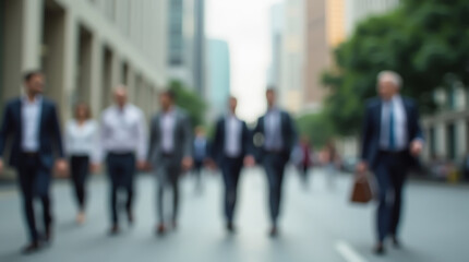 Silhouettes of business people in the downtown metropolis against the backdrop of high-rise buildings, image with a blurring effect