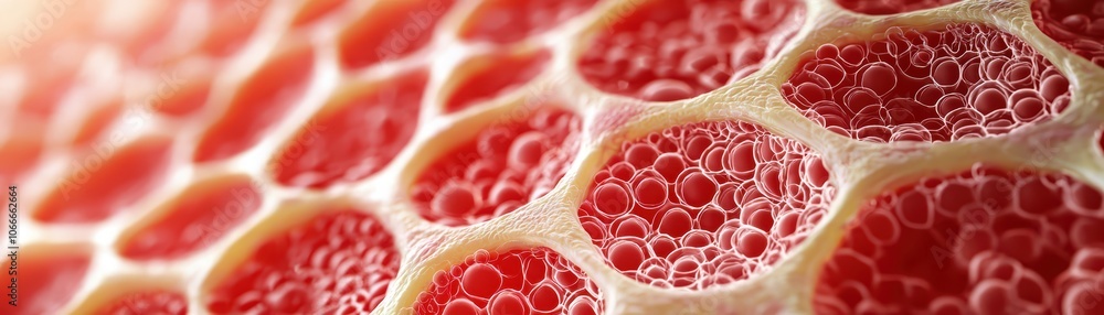Poster close-up view of honeycomb structure showcasing intricate patterns and textures in vibrant red hues.