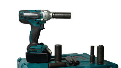 Cordless block drill and toolbox on white isolated background