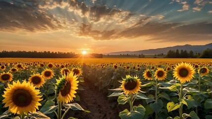 Fototapeta premium Sunflower Field at Golden Hour – Stunning Sunset Landscape with Vibrant Sunflowers
