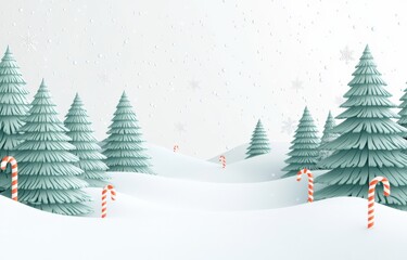 Fototapeta premium Charming Christmas scene with whimsical Christmas trees and candy canes under a snowfall