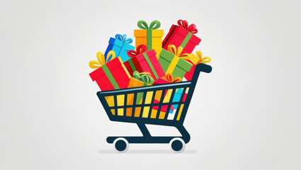 Colorful gifts stacked in shopping cart, symbolizing festive shopping joy