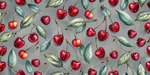 A vibrant watercolor pattern featuring a captivating arrangement of ripe cherries and delicate leaves, showcasing the natural beauty of summer's bounty.