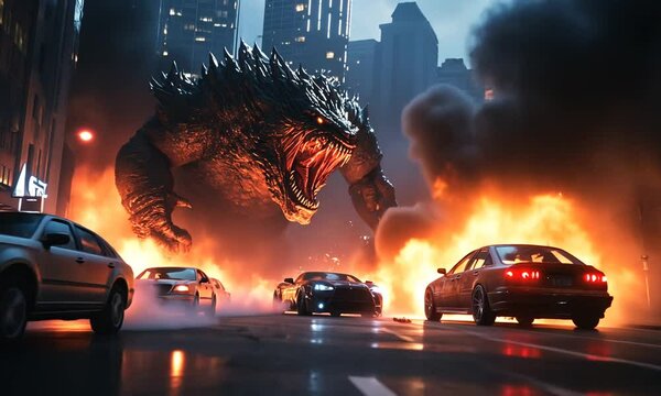 A giant monster wreaks havoc in a city, surrounded by flames and destruction.