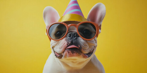 A playful French Bulldog in a celebration party hat and round sunglasses, with a bold yellow background adding to the festive vibe