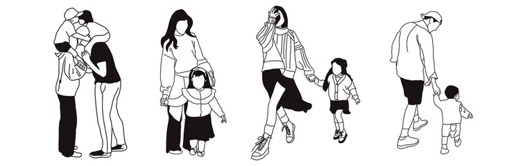 Hand-drawn doodle family icon set. Outline family clipart. Hand-drawn black art.