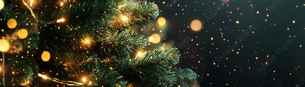 Poster close-up of a christmas tree branch with twinkling lights and falling snow