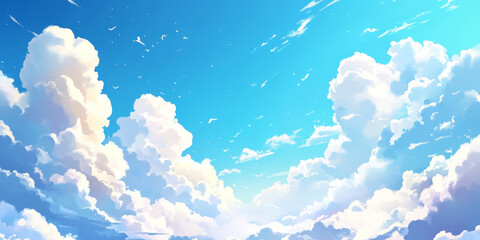 Bright sunny sky background with fluffy white clouds, creating an uplifting and cheerful atmosphere