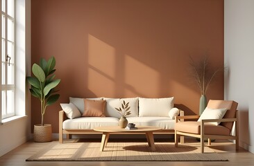Living room interior minimalism, warm colours, beige and brown, sofa and small table with flowers in vase 