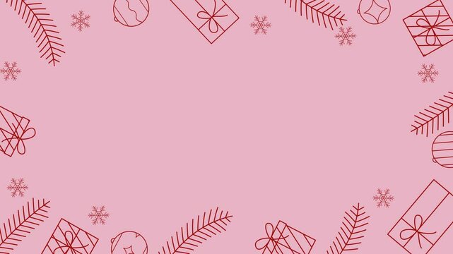 Minimalist boho Christmas animated frame banner with christmas ball, gift, branch and pink background