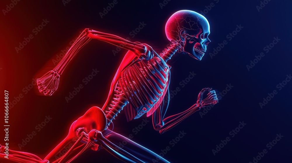 Poster dynamic skeletal figure running with a vibrant glow on a dark background.