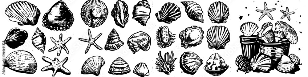 Poster set of hand drawn seashells isolated on white background. various realistic seashells of various for