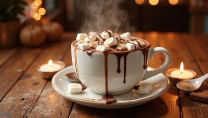 A large cup of rich hot chocolate topped with marshmallows and drizzled with chocolate sits on a...