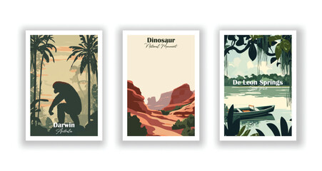 Dinosaur National Monument, De Leon Springs, State Park, Darwin, Australia - Set of 3 Vintage Travel Posters. Vector illustration. High Quality Prints