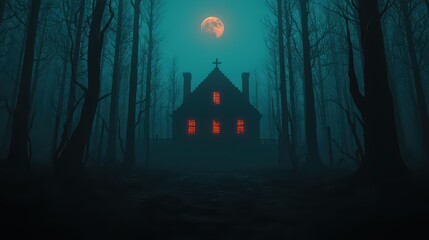 Eerie haunted house silhouette in misty forest with glowing windows under a full moon.