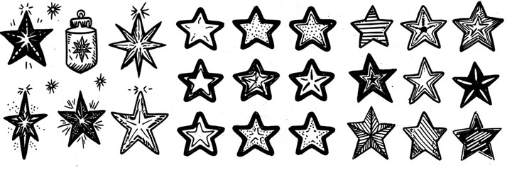 Handdrawn set of stars, modern illustration. Black symbols drawn by brush, pen, ink. White background. Good for logos, textile prints, fabric designs, and cards.