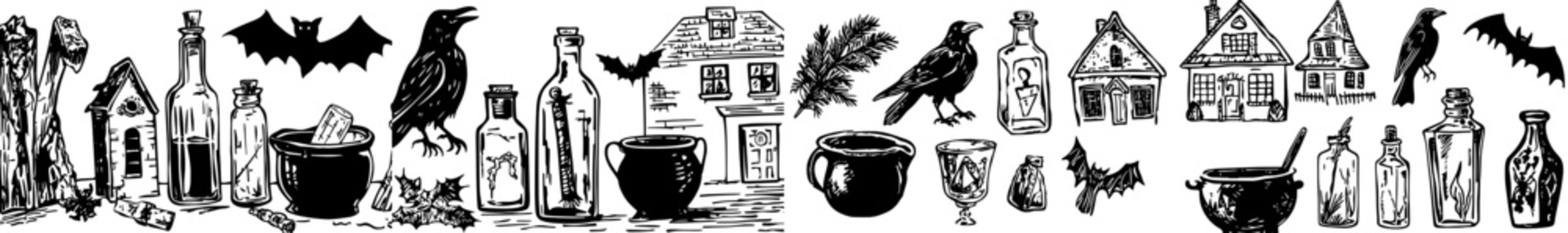 Hand drawn illustration of a hanted house with a raven, potion, bat, and vampire mouth converted to a modern style.