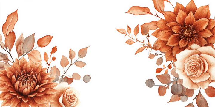 Watercolor illustration of autumn floral corner border featuring burnt orange flowers, dahlia, rose, and eucalyptus leaves with terracotta foliage. Ideal for rustic wedding designs