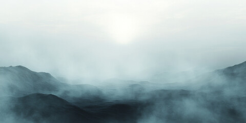 Obraz premium Ethereal misty landscape background with soft fog rolling over hills, creating a sense of mystery