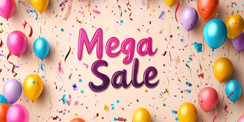 A bright background with balloons and streamers, featuring bold text announcing "Mega Sale" for a festive touch