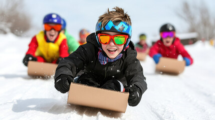 Kids racing down snowy hill on cardboard sleds, enjoying winter fun!