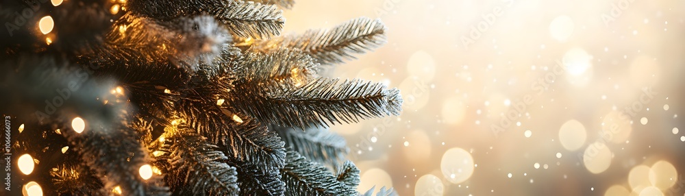 Poster close-up of a frosty pine tree branch with warm lights and a blurry background
