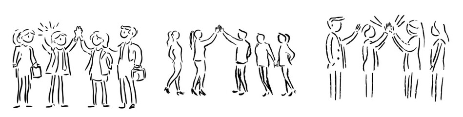 A line drawing of young business women and men celebrating their successive goal at a business meeting. Business deal concept continuous line drawing design illustration.