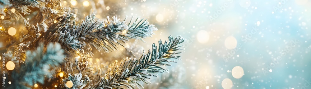 Poster close-up of a snow-covered pine branch with bokeh lights