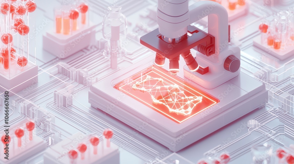 Poster microscope examining electronic circuits on a glowing surface in a futuristic laboratory setting.