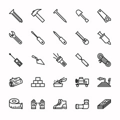 A collection of line icons representing the tools and materials used in construction. These icons would be perfect for creating visual content for websites, apps, or home improvement services.