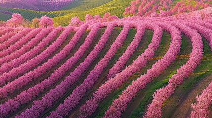 A picturesque landscape featuring rows of vibrant pink flowering trees against lush green hills.