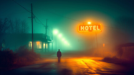 Fototapeta premium Desolate Foggy Road with Neon Hotel Sign in the Distance