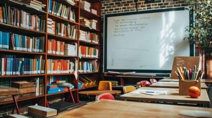 A classroom setting with a whiteboard and projector surrounded by shelves of books and teaching materials on agriculture.