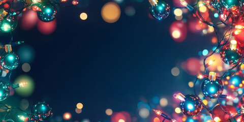 A vibrant holiday-themed digital backdrop with Christmas lights and ornaments, featuring space for promotional text about sales