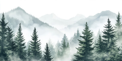 Fototapeta premium Foggy mountain forest in a delicate watercolor style, featuring layers of mist drifting through evergreen trees, isolated on a transparent background