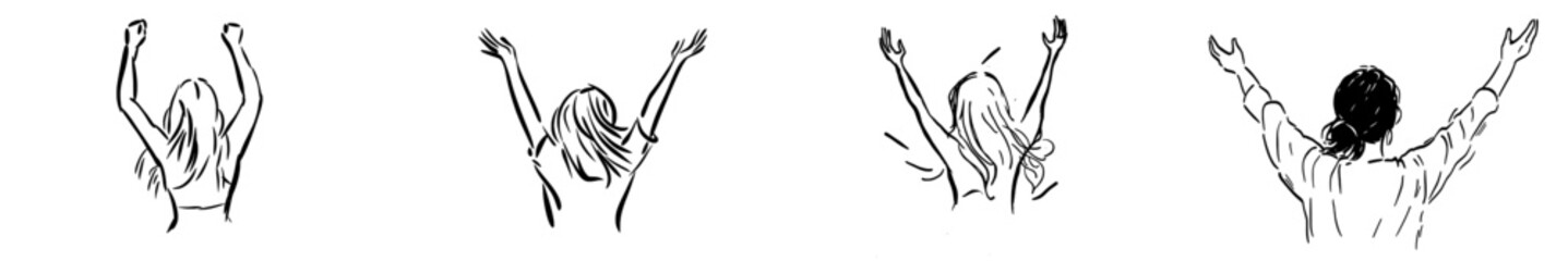 Fototapeta premium An isolated white background shows a cheering woman with her hands up in the air feeling happy and free. A cute girl feel free and young minimalism design isolated on white.