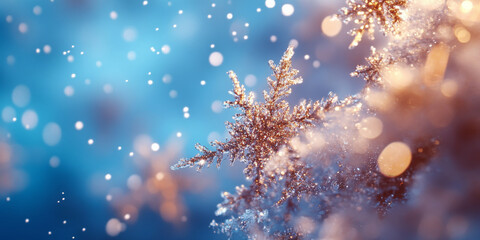 Fototapeta premium Glittering snowflakes falling against a frosty blue background, creating a serene winter holiday scene