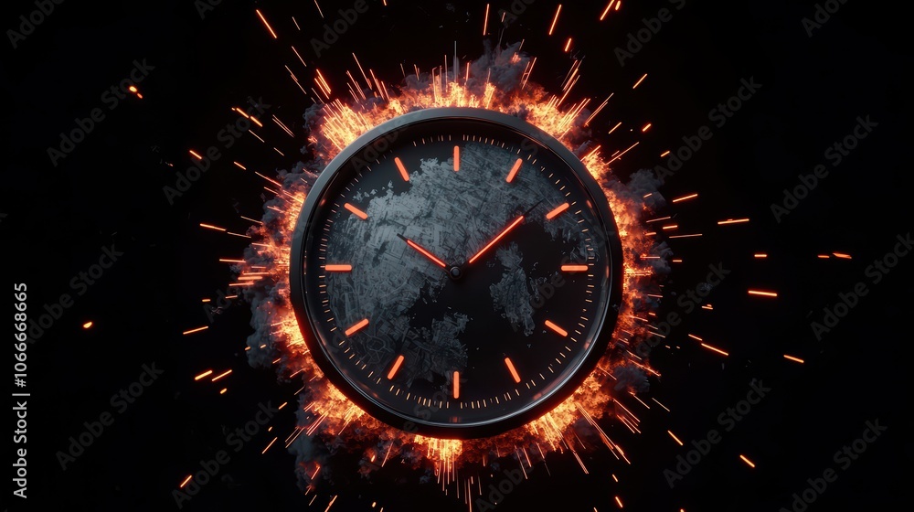 Poster a creative clock design with a fiery explosion effect on a black background.