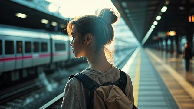 A young woman with a backpack waits on a train platform in Japan